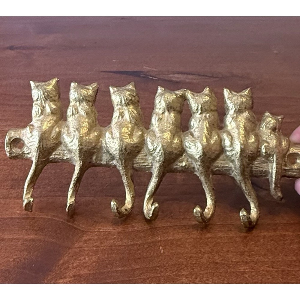 Vtg Brass SITTING CATS Tails Wall Mount 6 Hook Key Holder Jewelry Leash Hanger